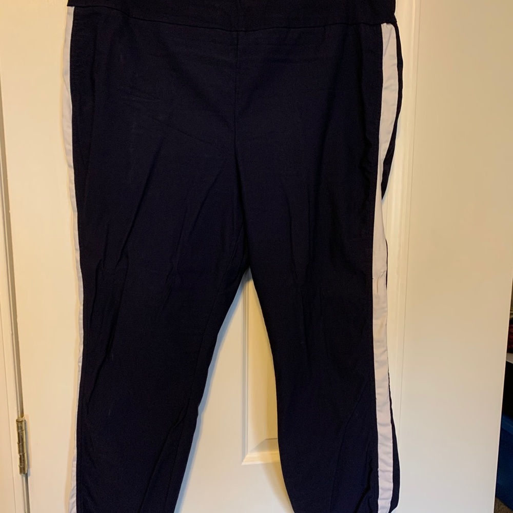 Pull on pants with white stripes on sides.